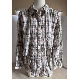 Alfred Dunner Womens 16 Plaid Button Down Shirt Green Pink Lace Trim Roll Tab